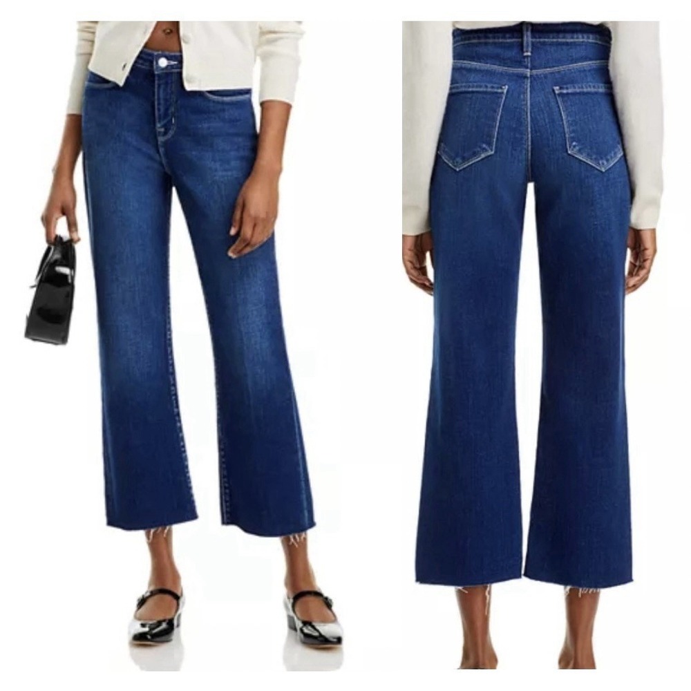 L'AGENCE‎ Wanda Cropped Wide Leg Jeans Women's 27 Medium Blue Stretch Raw Hem